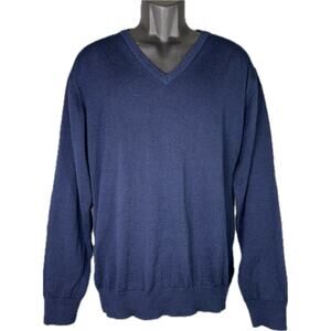 Fields Classics Men’s Large 100% Merino Wool Navy V Neck Sweater Washable Light